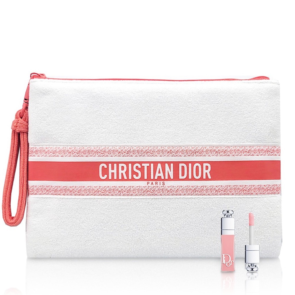 New in Box! Christian Dior Terry Cloth Clutch Bag Wristlet White & Coral